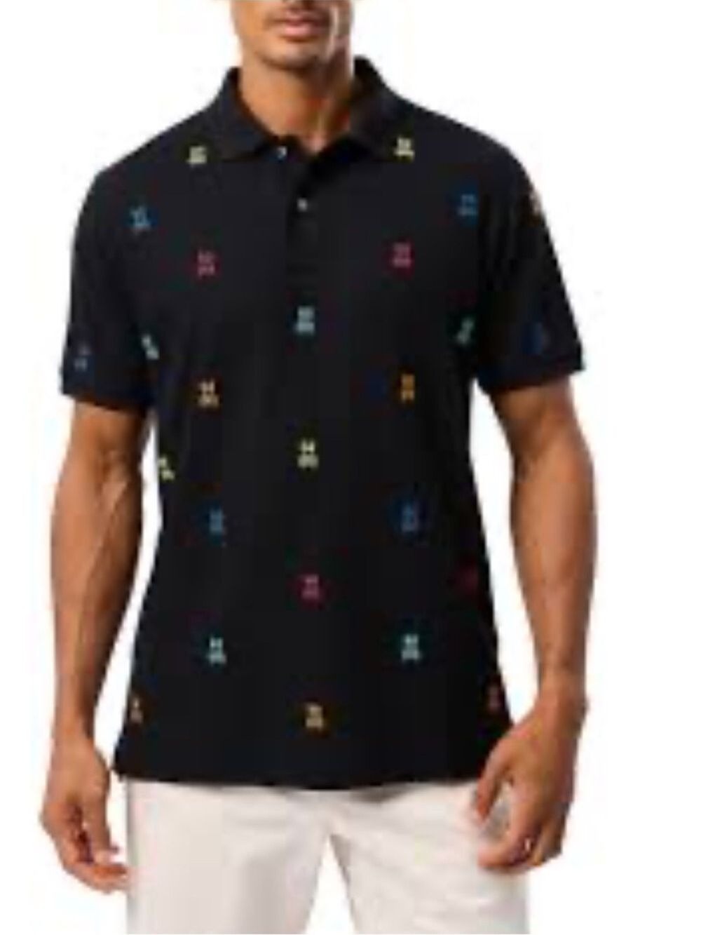 PSYCHO BUNNY BONHAM all over print 100% cotton PIQUE POLO SHIRT BLACK sz small